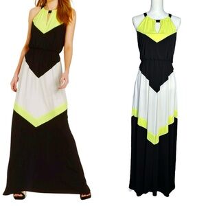 VINCE CAMUTO Black White Yellow Halter Dress Sz 2 Maxi Lined (see measurements)